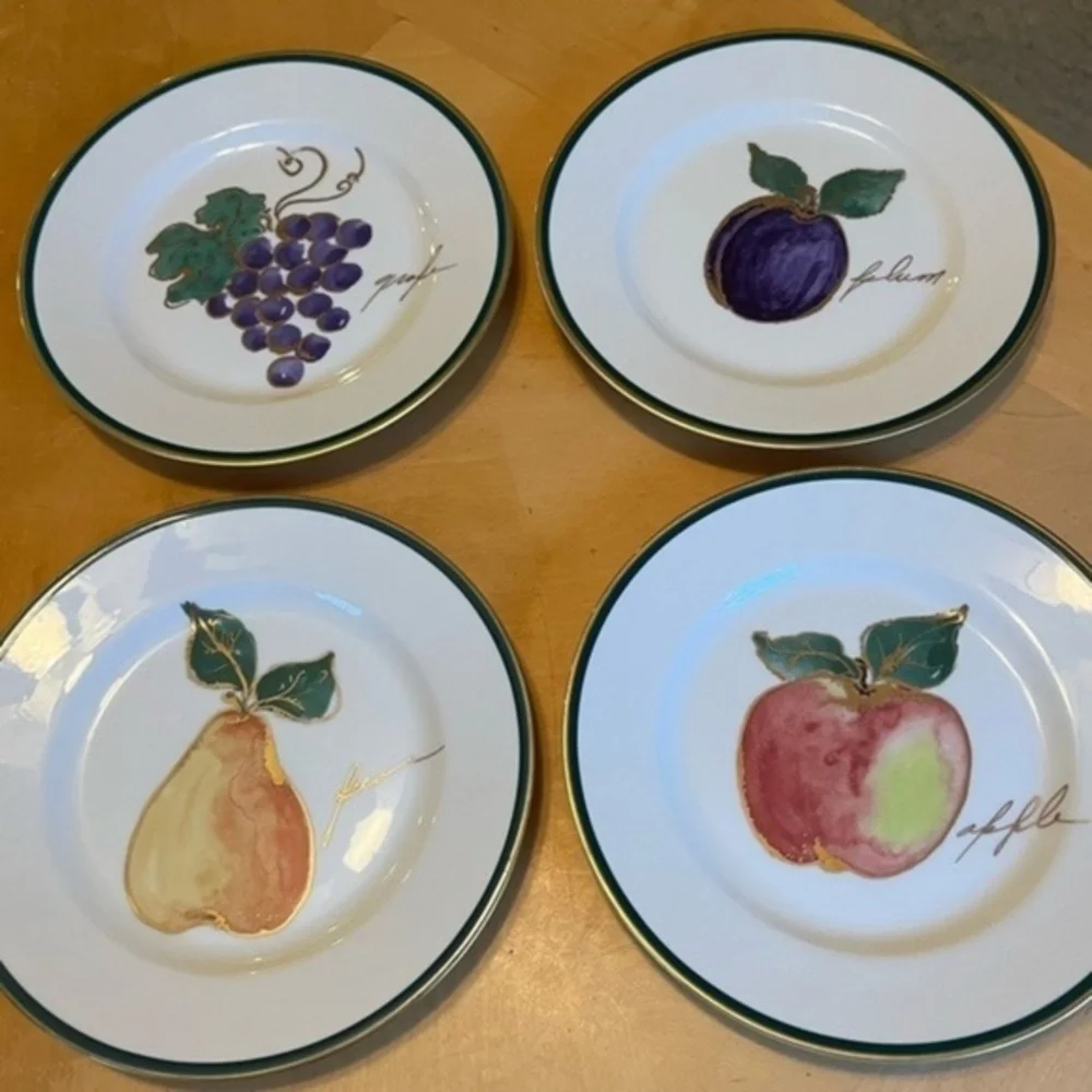 Crate & Barrel Fruit Plates 8” Set of Four, Apple, Pear, Plum, Grapes